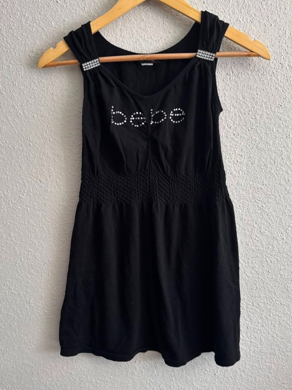 Bebe Vtg Y2K Tank Top Women Bedazzled Rhinestone Logo Ribbed Knit Stretch Black
